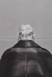 Rear view of a person with blonde hair in a bun wearing a black leather jacket against a grey wall