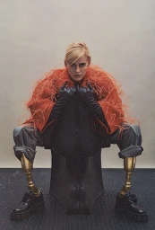 Model with prosthetic legs seated wearing an orange feather coat and black leather gloves