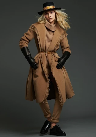 Model in camel fringed coat and black leather gloves wearing a flat-brim hat against a dark grey background.