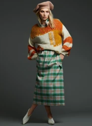 Model wearing a chunky colorblock sweater, plaid skirt, and beret against a dark grey backdrop.