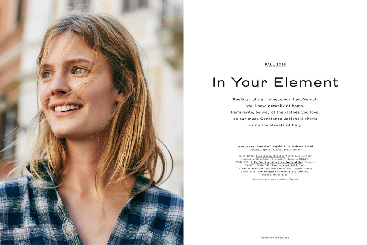 Close-up of a smiling woman with blonde hair and blue plaid shirt outdoors with a second frame of product description text.