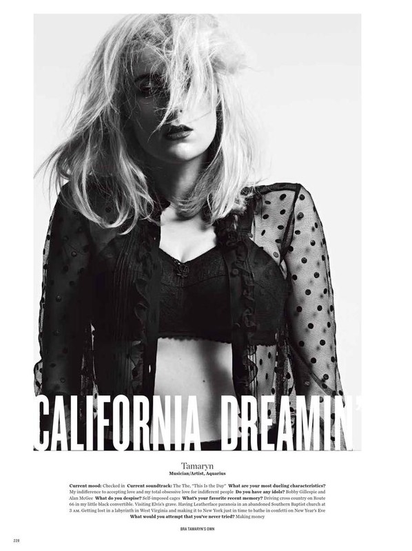 A young adult female poses in a black polka dot top in a monochrome fashion photograph with visible text 'CALIFORNIA DREAMING'.
