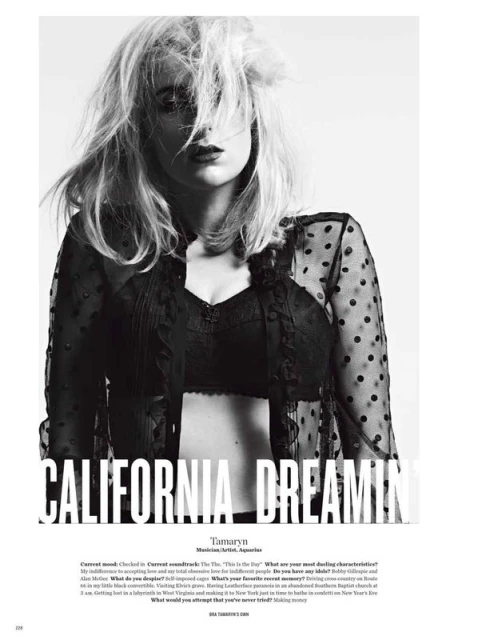 A young adult female poses in a black polka dot top in a monochrome fashion photograph with visible text 'CALIFORNIA DREAMING'.