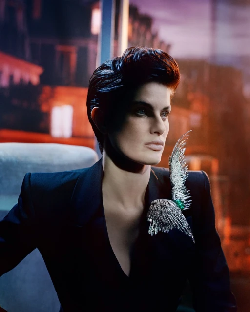 Woman with short dark hair wearing a black blazer and a bejeweled bird brooch poses indoors, against a blurred cityscape backdrop.