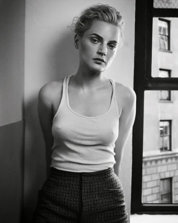 Black and white portrait of a fair-skinned woman in a tank top and trousers posing against a wall near a window in an indoor setting.