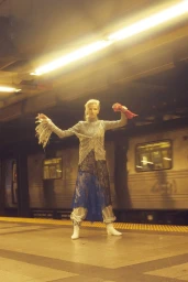 A blonde model wearing a fringed top and blue skirt stands on a subway platform with a train behind her in Los Angeles.