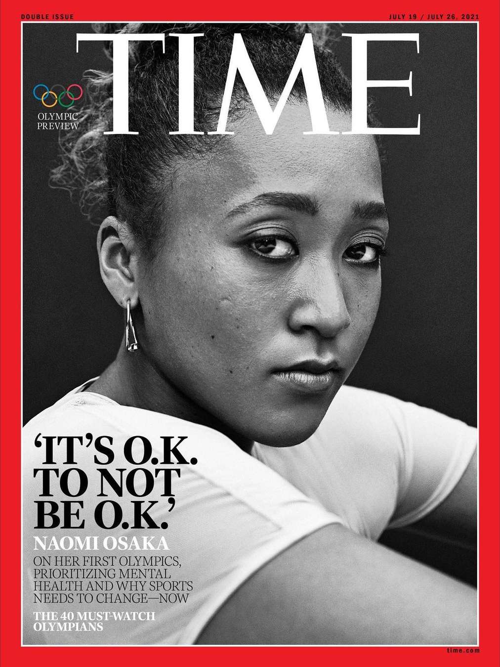 Black and white portrait of Naomi Osaka on the cover of TIME magazine. The cover has a red border and text about the Olympics.