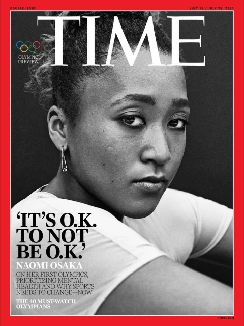 Black and white portrait of Naomi Osaka on the cover of TIME magazine. The cover has a red border and text about the Olympics.