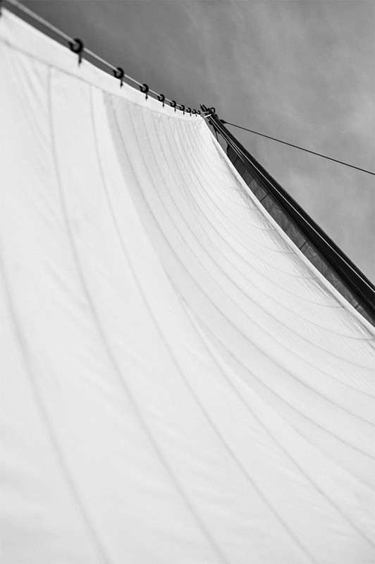 Monochrome photo of a sailboat sail with grommets along the mast, with a cloudy sky visible in the background on a sunny day.