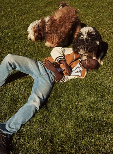 An adult Black man lies on the grass in jeans and a letterman jacket with two medium-sized dogs nearby on a sunny day.