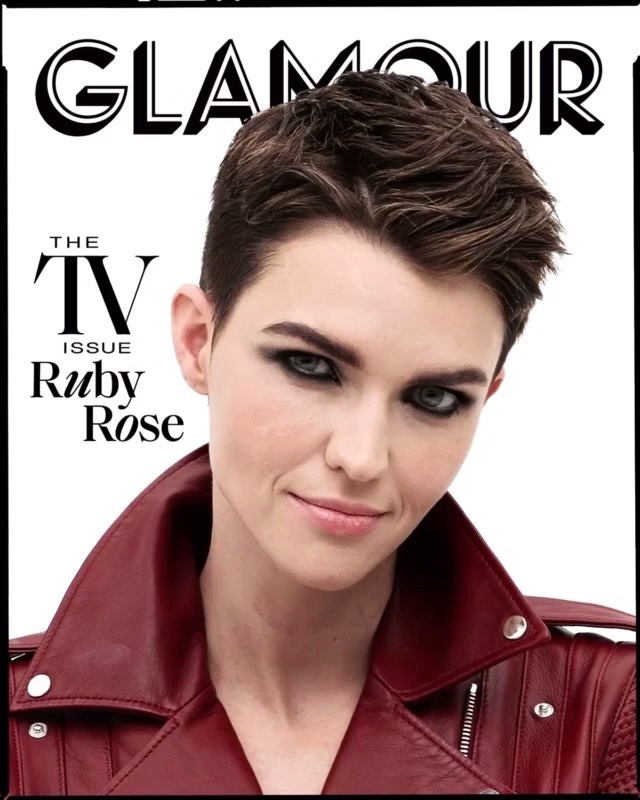Glamour magazine cover featuring Ruby Rose with short brown hair and wearing a burgundy leather jacket, set against a white background.