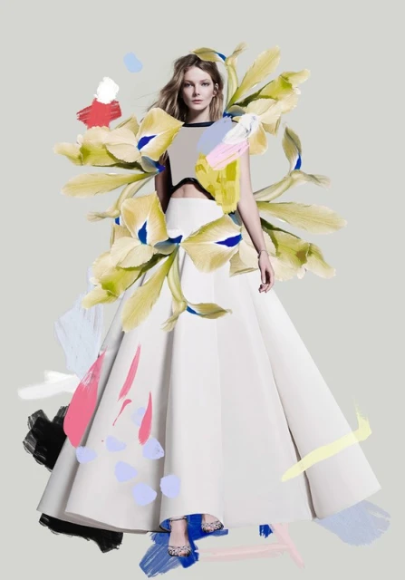 Woman in elegant white gown with painterly floral design. Fashion editorial shot with a studio backdrop, and stylized visual effects.