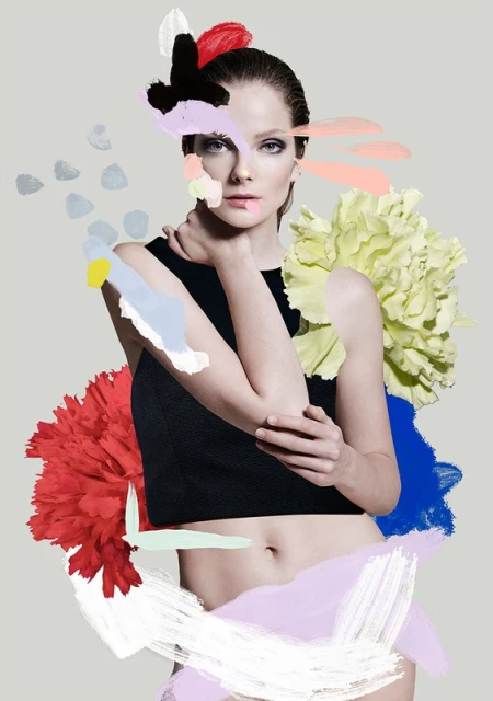 Artistic fashion portrait of a woman posing with abstract floral elements and brush stroke effects, set against a neutral grey background.