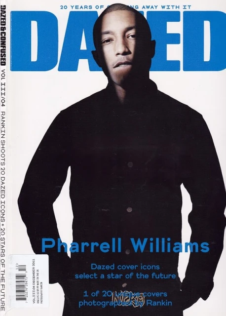 Magazine cover featuring Pharrell Williams in a dark shirt against a blue and white 'Dazed' logo, with text about Dazed icons and the future.