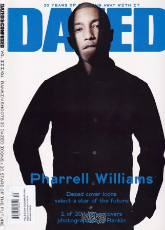 Magazine cover featuring Pharrell Williams in a dark shirt against a blue and white 'Dazed' logo, with text about Dazed icons and the future.