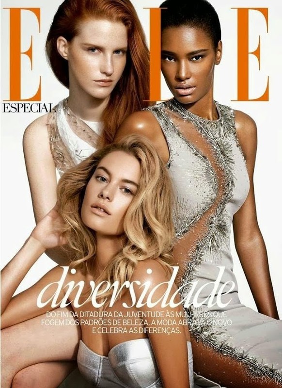 Elle magazine cover featuring three diverse adult female models wearing evening gowns. Fashion editorial shot with a focus on beauty and diversity.
