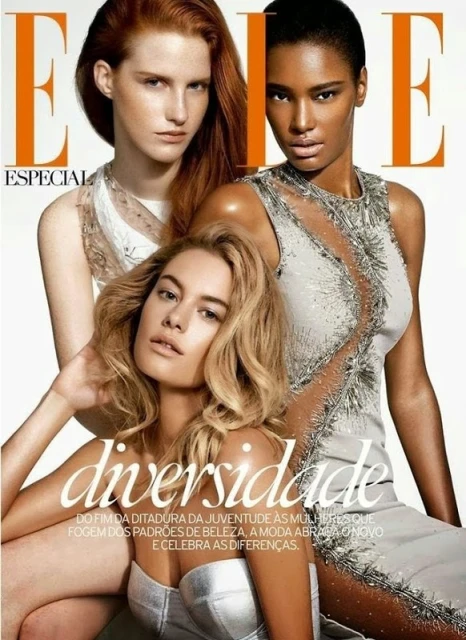 Elle magazine cover featuring three diverse adult female models wearing evening gowns. Fashion editorial shot with a focus on beauty and diversity.