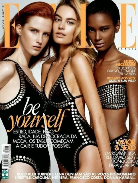 Elle Brazil magazine cover featuring three fashion models of different ethnicities wearing black studded swimsuits against a neutral backdrop.