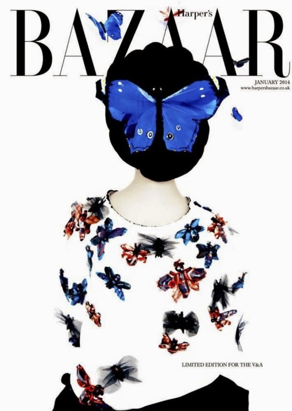 Harper's Bazaar cover with a mannequin wearing a butterfly adorned top and matching headpiece against a bright white background.