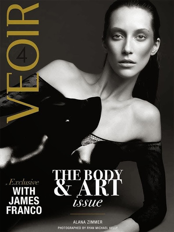 Magazine cover featuring a fair-skinned female model with dark hair in a black top, with 'VEOIR' and 'The Body & Art issue' text.