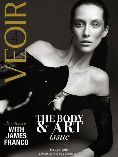 Magazine cover featuring a fair-skinned female model with dark hair in a black top, with 'VEOIR' and 'The Body & Art issue' text.