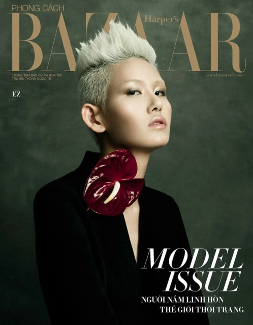 Fashion magazine cover featuring an Asian woman with platinum blonde hair, wearing a black jacket and red flower brooch against a green background.
