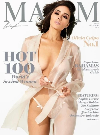 Olivia Culpo on Maxim magazine cover July/August 2019. She is wearing a sheer white robe and lingerie against a light backdrop.