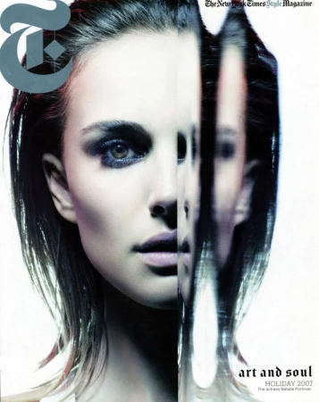 Portrait of a woman with heavy eye makeup alongside a distorted, mirrored image, featured on a magazine cover with bold typography.