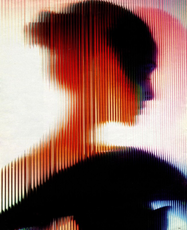 Abstract portrait created using vertical lines and colour gradients. Silhouette of face in profile against a textured background.