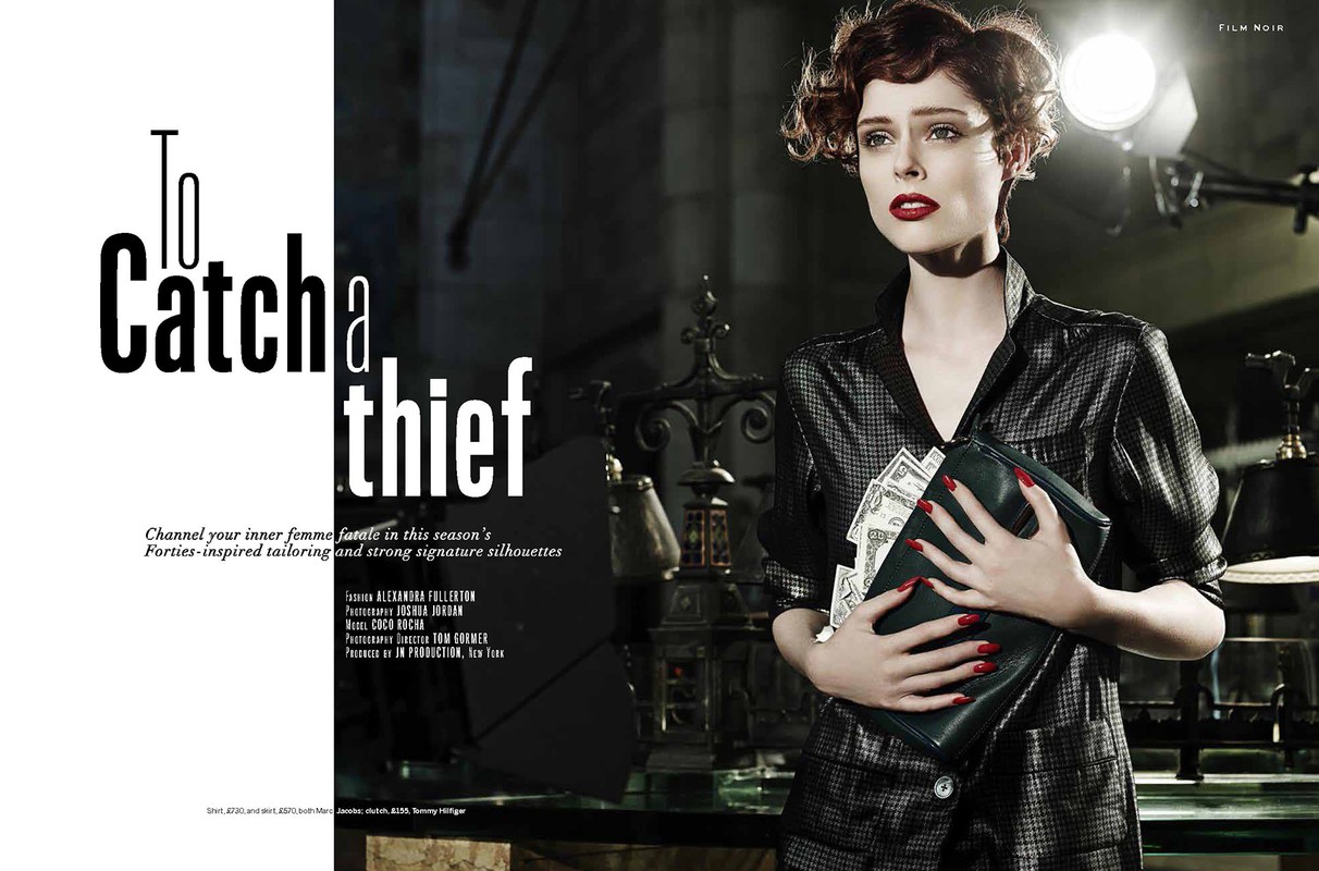 Glamorous retro fashion editorial featuring a woman holding money and a clutch, set in a dark, atmospheric scene with vintage styling.