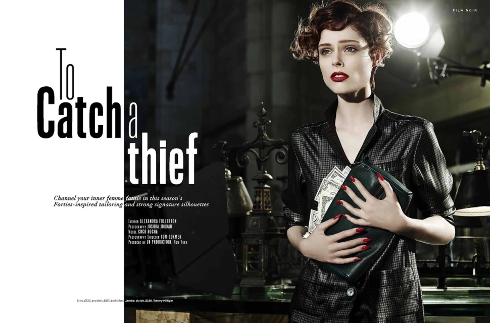 Glamorous retro fashion editorial featuring a woman holding money and a clutch, set in a dark, atmospheric scene with vintage styling.