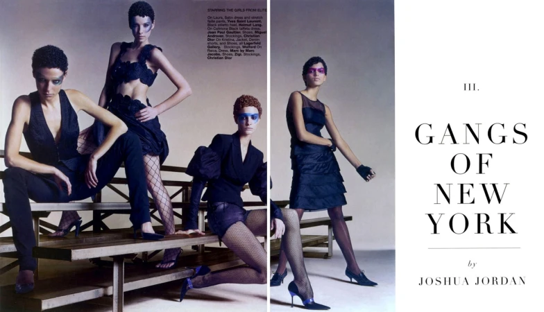 Editorial fashion shot featuring four women with short dark hair wearing dark clothing, fishnet stockings, and dramatic makeup, posing indoors.