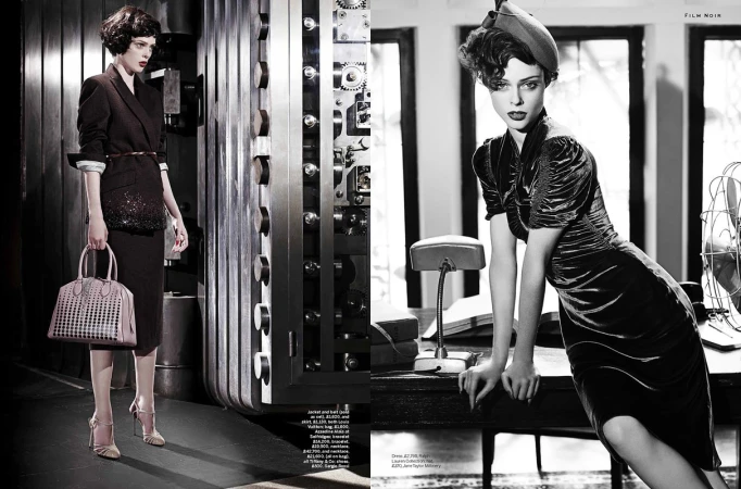 Film noir fashion shoot featuring a model in a velvet dress in black and white, posed against a vintage office setting with a fan.