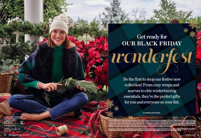 Woman in a holiday-themed setting, seated on a plaid blanket with seasonal decorations, pine boughs, and text promoting Black Friday sales.