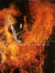 Close-up portrait of a person framed by roaring orange flames with yellow text overlay reading GLAMOUR.
