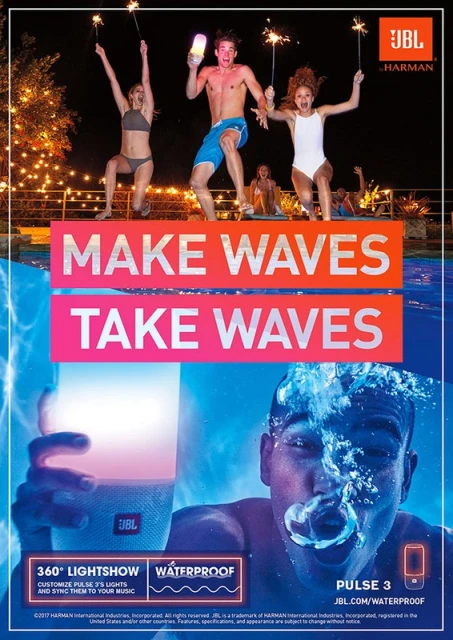 JBL ad: A group jumps by a pool at night, holding sparklers. A man is underwater, holding a JBL Pulse 3 speaker, with 'Make Waves' text.
