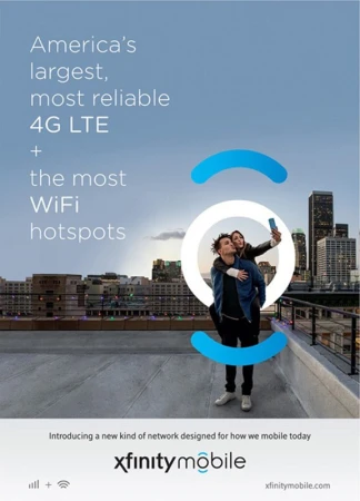 Ad banner featuring a couple taking a selfie on a rooftop with a city skyline, promoting Xfinity Mobile's 4G LTE and WiFi hotspots.