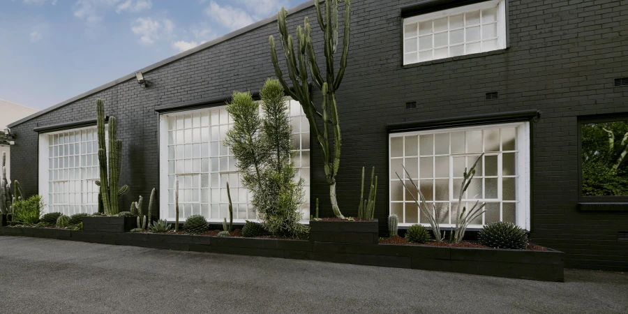 Exterior of a dark brick building with large windows and potted cactus plants in front, showcasing modern architecture and landscaping.