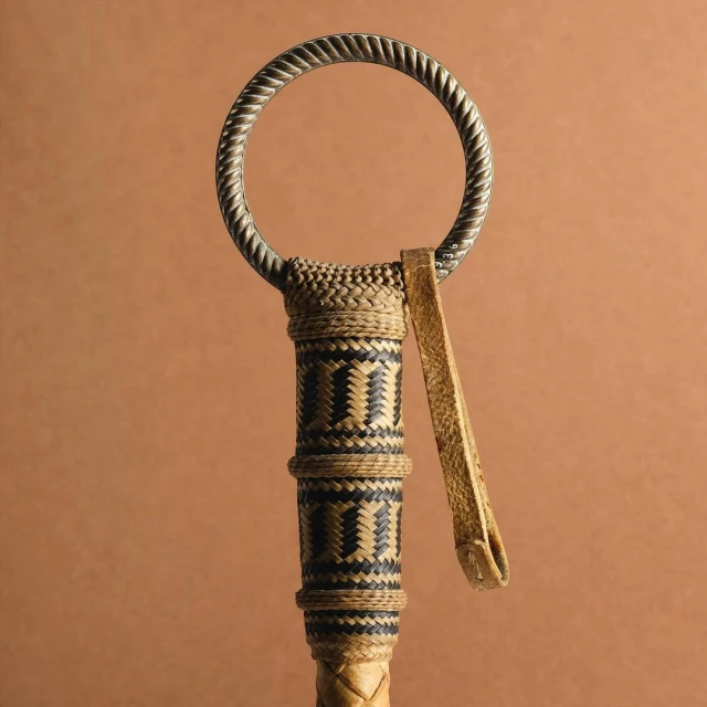 Close-up of a hand-crafted equestrian riding crop with a silver looped handle, a woven shaft, and a leather lanyard.