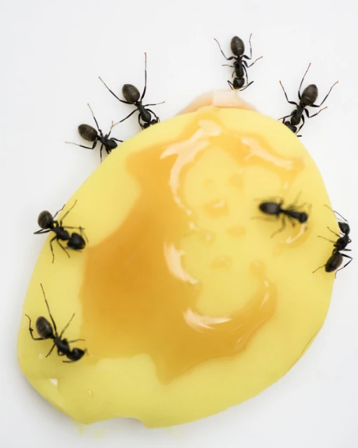 Close-up studio shot of several ants surrounding and consuming a dollop of yellow pudding with a drizzle of honey on a white surface.