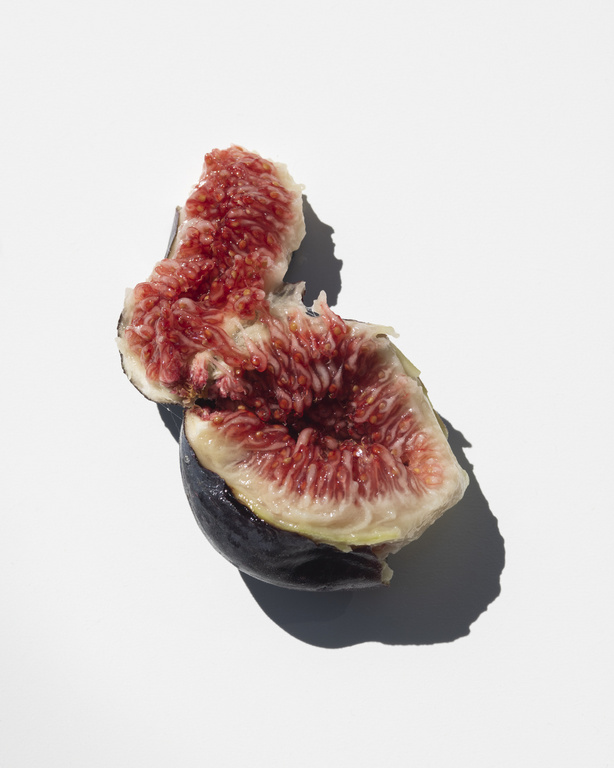 Close-up of a cut fig fruit with dark purple skin and red pulp on a white background, casting a soft shadow.