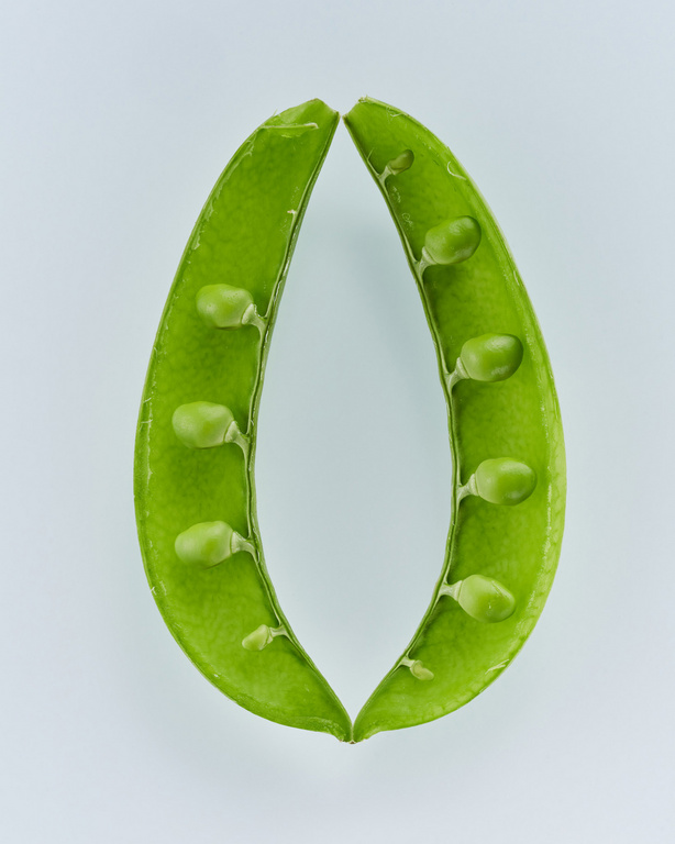 Close-up shot of two bright green open sugar snap pea pods with peas visible inside against a light background, showcasing fresh produce.