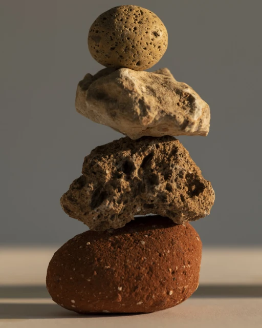 Four textured stones stacked vertically in a studio shot, featuring a balanced composition with neutral background and diffused lighting.