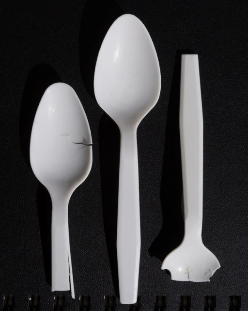 Studio shot of three damaged white plastic spoons of different sizes against a black background, showcasing wear and breakage.