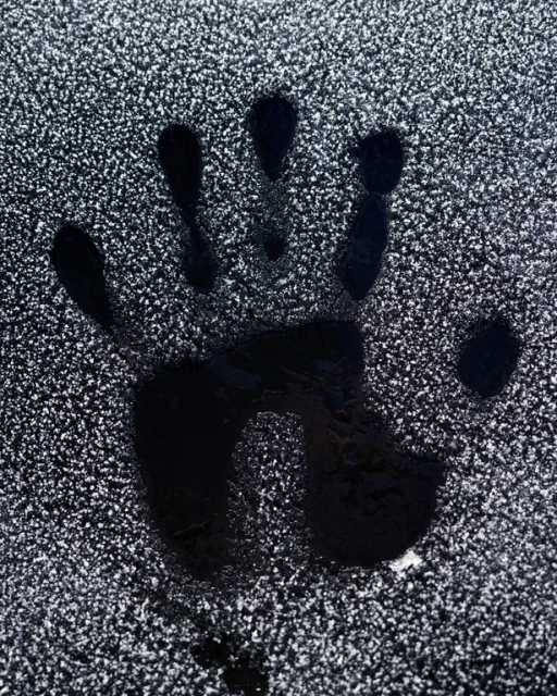 Close-up of a black handprint impression on a frost-covered surface. The frost creates a textured backdrop, highlighting the hand silhouette.