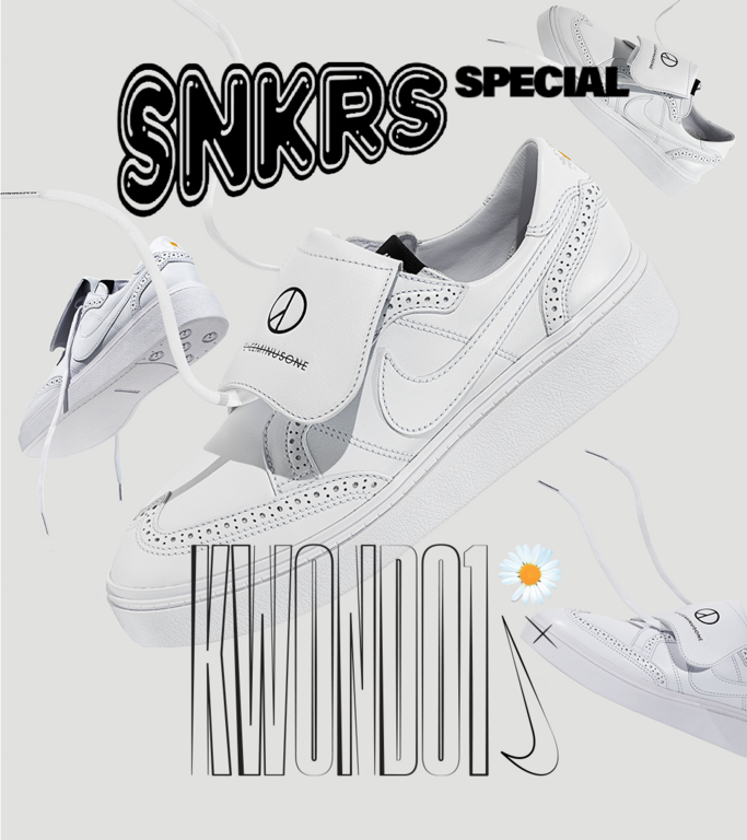 Elevated view of three all-white Nike Kwondo 1 sneakers with flower detail and removable cover over laces on a light grey background.