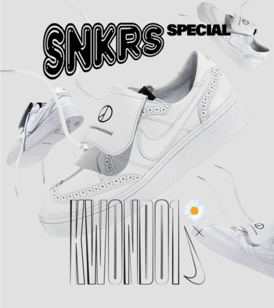 Elevated view of three all-white Nike Kwondo 1 sneakers with flower detail and removable cover over laces on a light grey background.