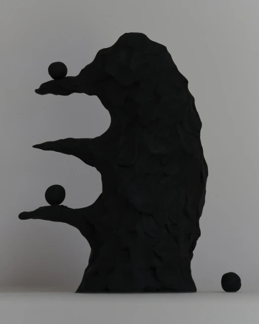 Abstract sculpture featuring a textured black tree-like structure with three spherical objects on its branches, set against a grey backdrop.