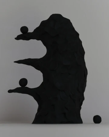 Abstract sculpture featuring a textured black tree-like structure with three spherical objects on its branches, set against a grey backdrop.