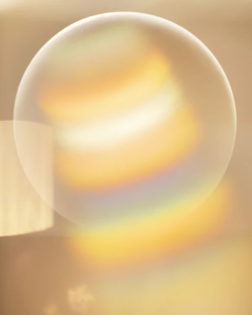 Abstract golden-toned image featuring a transparent sphere reflecting rainbow colors, casting soft light and lens flares on the backdrop.